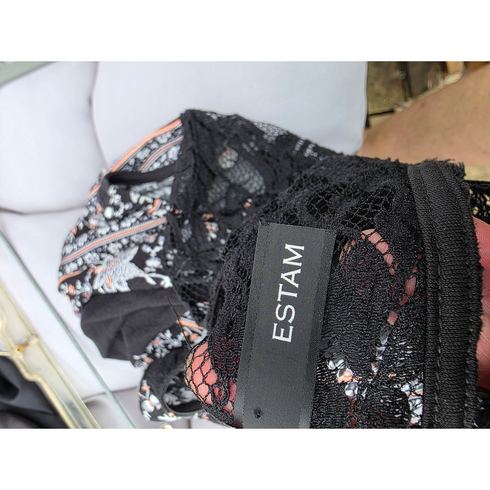 Estam Womens Boho Floral Border Print Sleeveless Tunic Top Black Lace Yoke L - Picture 8 of 9